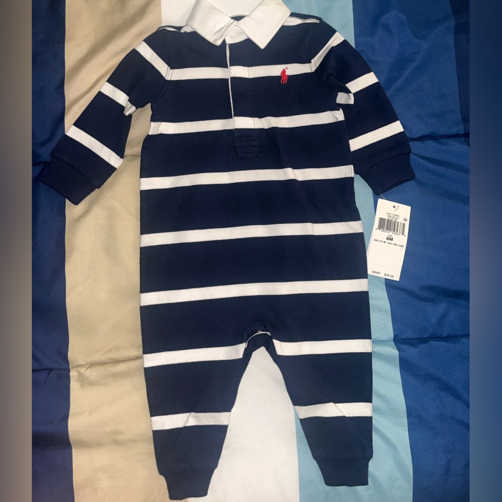 Ralph Lauren Baby Boys Striped Cotton Rugby Coveralls